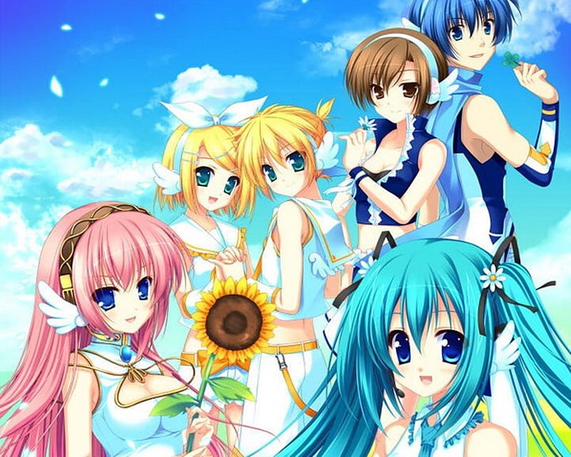 Vocaloids, back to back, blush, clouds, sweet, blue outfit, group, kaito, anime, white outfi, hair clip, anime girl, kagamine len, long hair, meiko, detached sleeves, ribbon, open mouth, miku, sunflower, sky, sexy, aqua eyes, alternate outfit, happy, short hair, cute, clover, scarf, white, family, len, dress, hatsune miku, luka, headphones, tie, megurine luka, blue dress, twin, tails twins, hot, girls, blue eyes, female, kagamine rin, male, brown hair, blonde hair, smile, petal, brown eyes, boy, girl, blue hair, rin, holding hands, siblings, standing, flower, pink hair, HD wallpaper