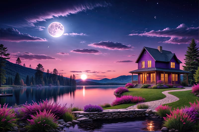 Lake and house under the moonlight, reflection, moonlight, wildflowers, countryside, purple, serenity, art, peaceful, cottage, sky, quiet, landscape, evening, night, mountain, view, moon, house, beautiful, sunset, HD wallpaper