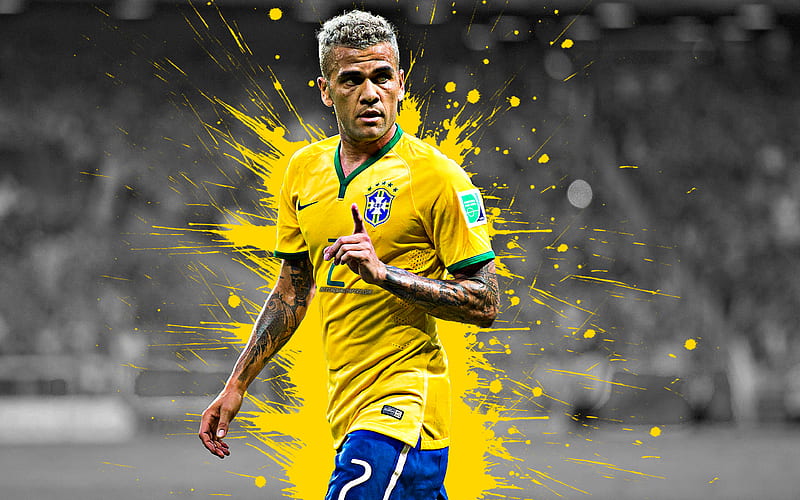 Dani Alves Brazilian footballer, portrait, yellow blue splashes of paint, blond, art, Brazil national football team, HD wallpaper