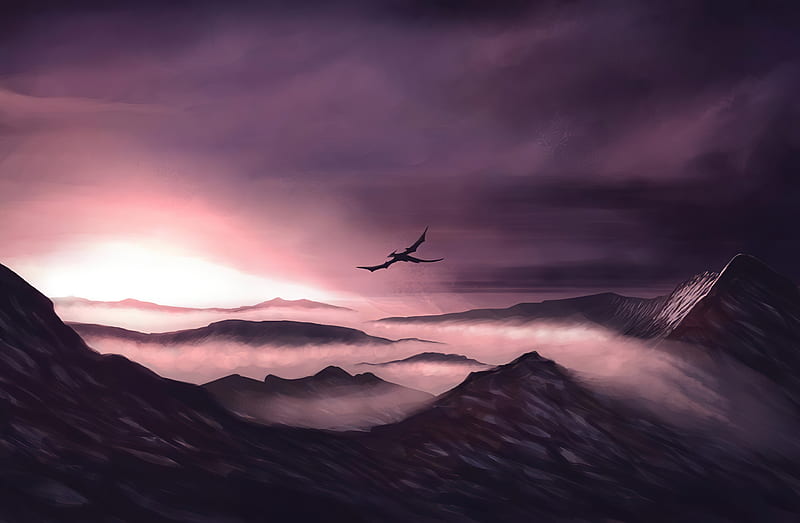 Dragon Flying Over The Mountains , dragon, artist, artwork, digital-art, mountains, HD wallpaper