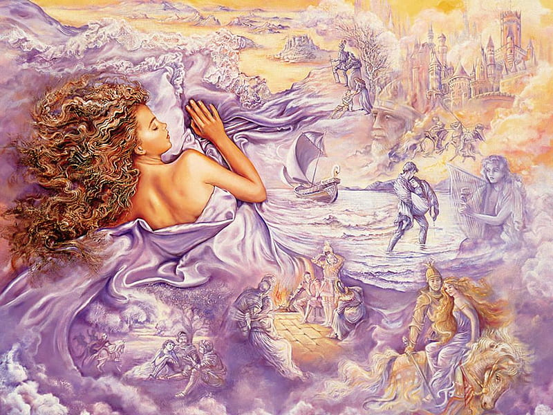josephine wall, girl, dreams, beauty, horse, clouds, castle, bed, animals, HD wallpaper
