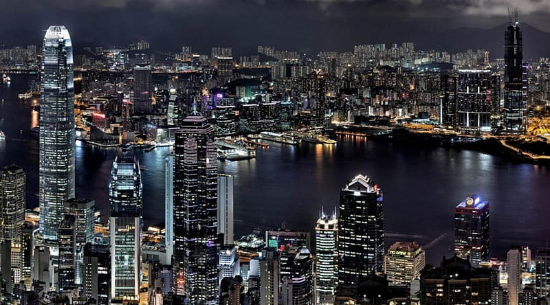 hong kong bay at night, city, bay, lights, night, skyscrapers, HD wallpaper