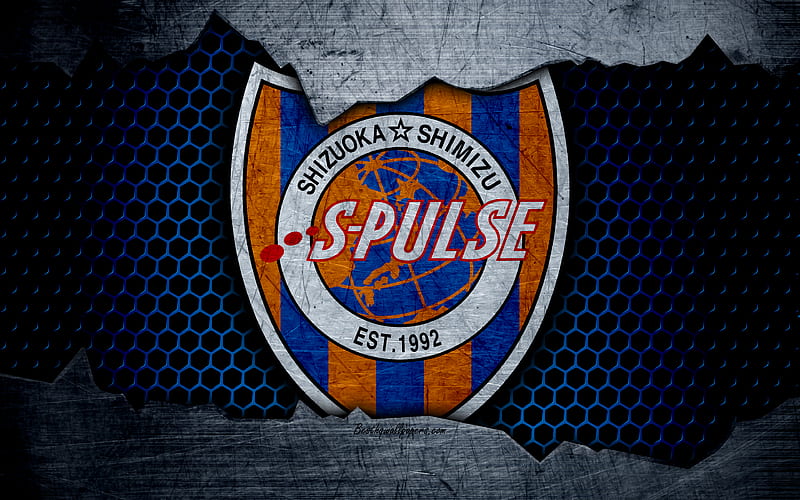 Shimizu S-Pulse logo, art, J-League, soccer, football club, FC Shimizu S-Pulse, metal texture, HD wallpaper