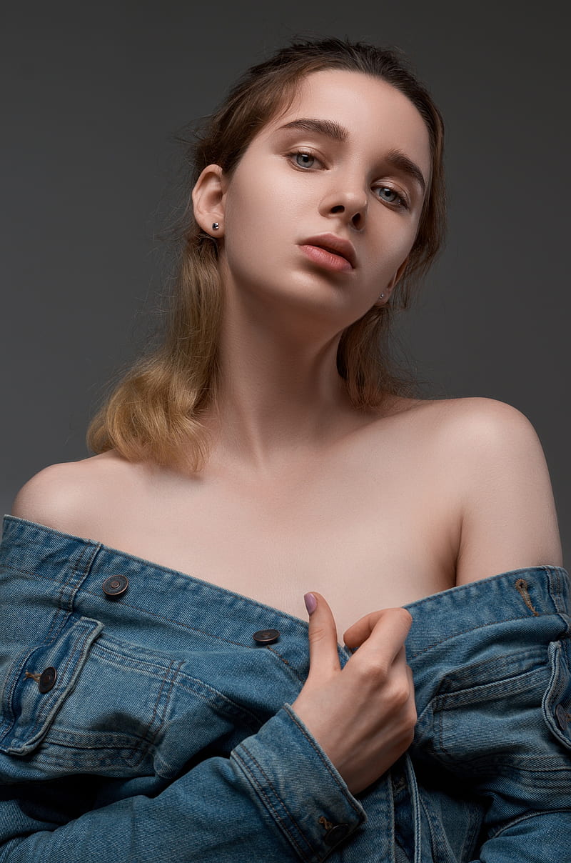 portrait, bare shoulders, women, model, Artemy Mostovoy, jean jacket, HD phone wallpaper
