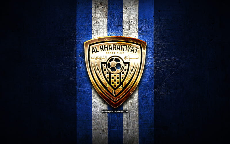 Al Kharitiyath FC, golden logo, QSL, blue metal background, football, qatari football club, Al Kharitiyath logo, soccer, Al Kharitiyath SC, HD wallpaper