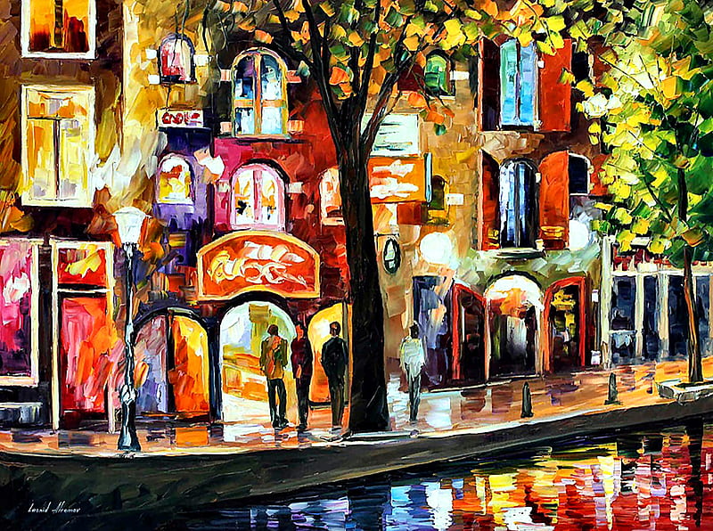 Amsterdam Red Light District, architecture, art, Netherlands, cityscape, bonito, Amsterdam, artwork, Afremov, water, Holland, painting, wide screen, river, scenery, HD wallpaper