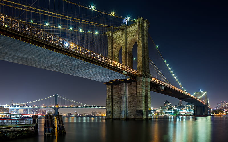 Brooklyn Bridge, suspension bridge, New York, East River, night, city lights, night New York cityscape, New York City, USA, HD wallpaper