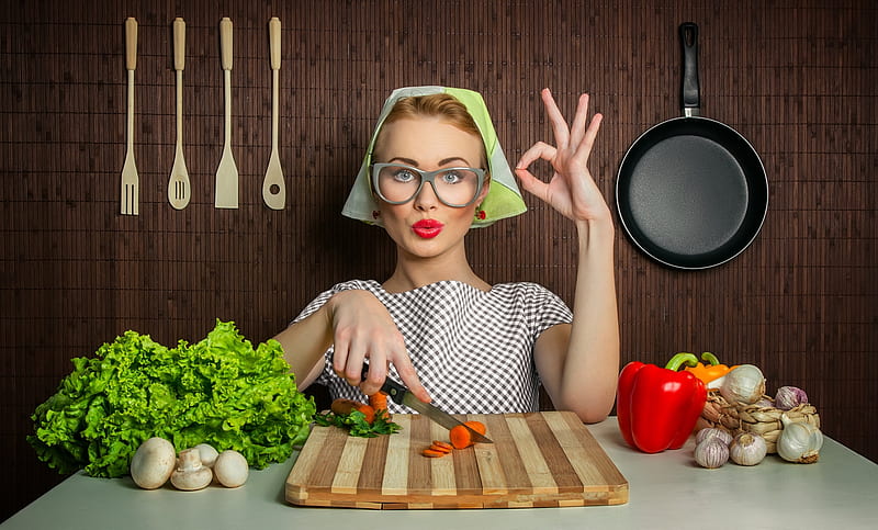 :), red, green, girl, model, vegetables, kitchen, woman, HD wallpaper