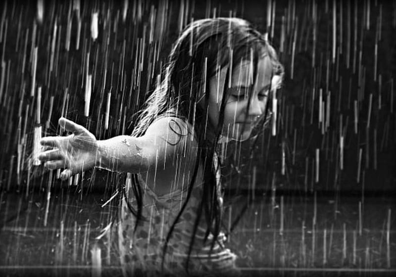 Playing in the Rain, wet, girl, black and white, child, fun, rain, happy, play, HD wallpaper