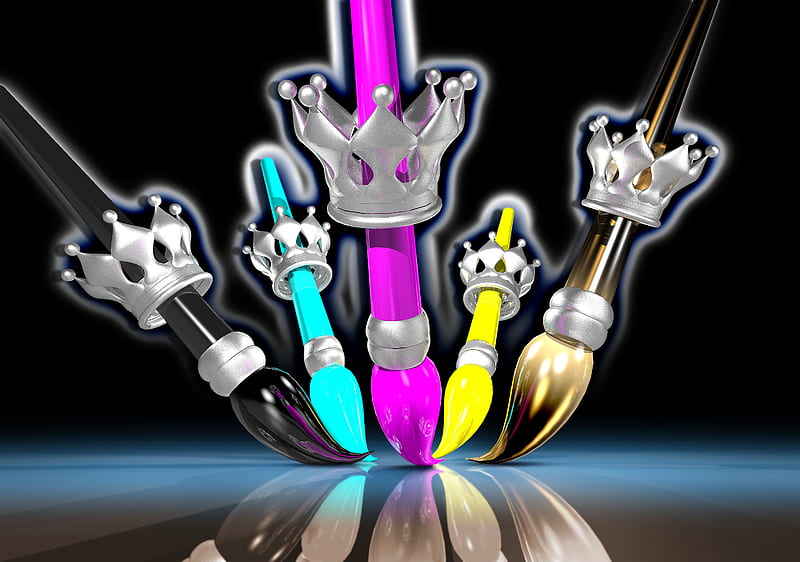 brushes, crowns, paint, multicolored, HD wallpaper