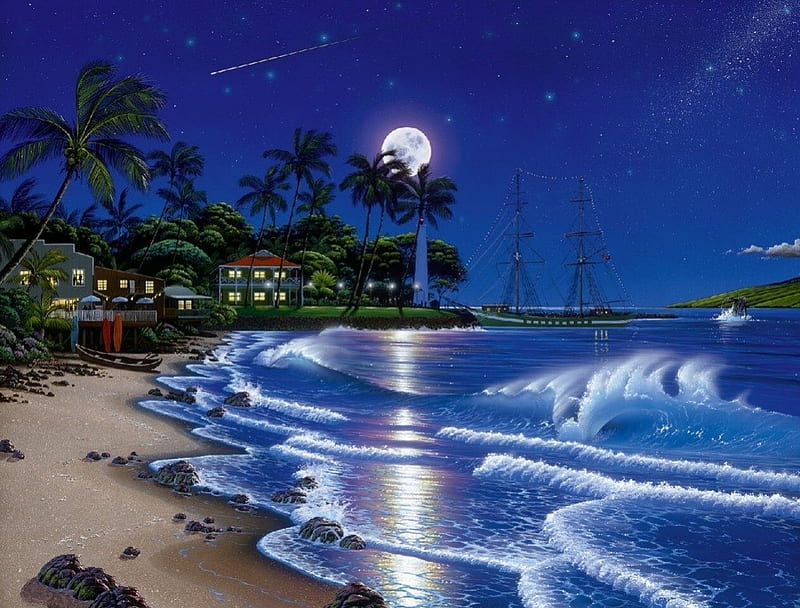 Tropical Seasial, beach, night, houses, ocean, HD wallpaper