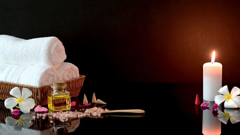 Spa oil, Flowers, Candle, Towels, HD wallpaper