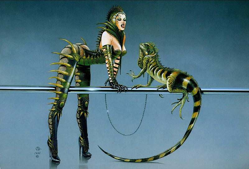 Two of a kind, fantasy, lizard, green, woman, sexy, animal, HD wallpaper