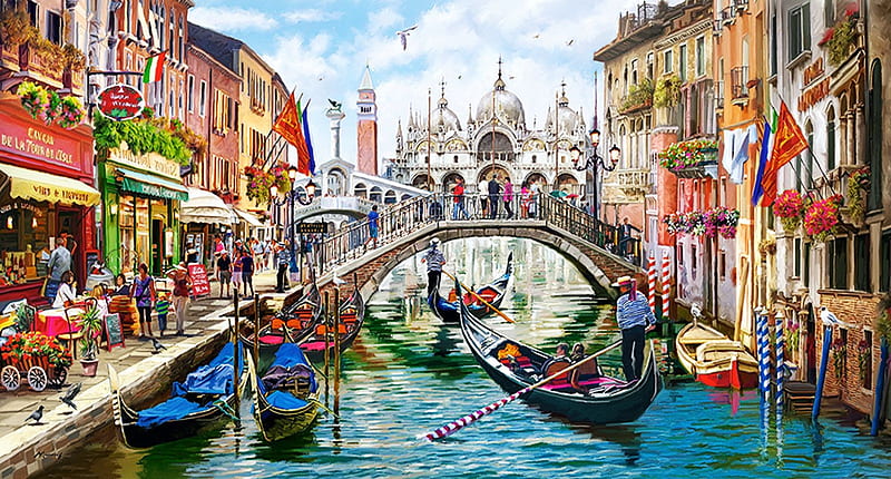Charms of Venice, canal, houses, boats, painting, bridge, italy, HD wallpaper