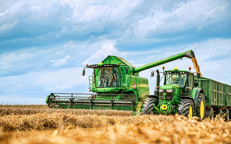 John Deere W550i HillMaster, John Deere 6195M combine harvester, 2021 combines, wheat harvest, 2021 tractors, harvesting concepts, agriculture concepts, John Deere, R, HD wallpaper
