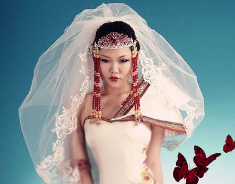 Ebony Hair Mongolian Bride, pretty, stunning, lovely, veil, bride, breathtaking, bonito, butterflies, women are special, lips nails eyes hair art, woman, ebony hair women, crown, female trendsetters, gorgeous, HD wallpaper