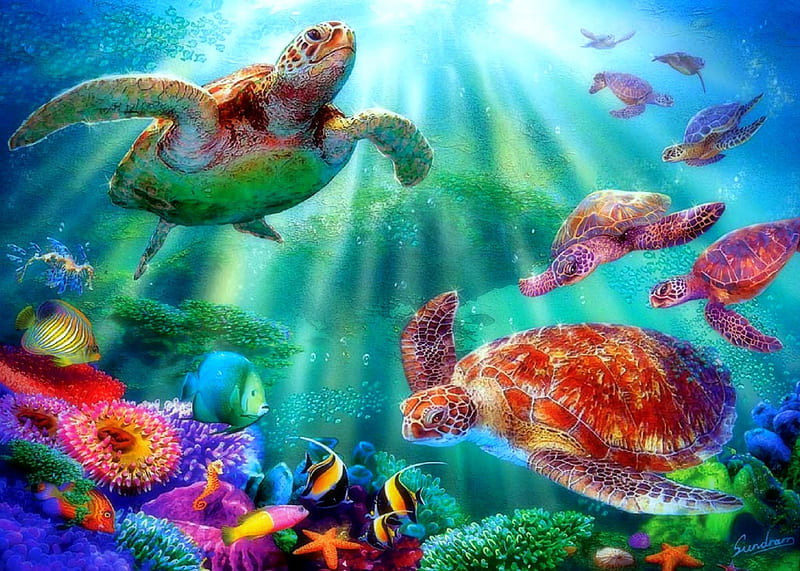 ★Turtle Voyage★, sea life, oceans, attractions in dreams, bonito, most ed, seasons, rays light, paintings, bright, scenery, animals, turtles, underwater, fishes, colors, love four seasons, creative pre-made, undersea, paradise, summer, nature, HD wallpaper
