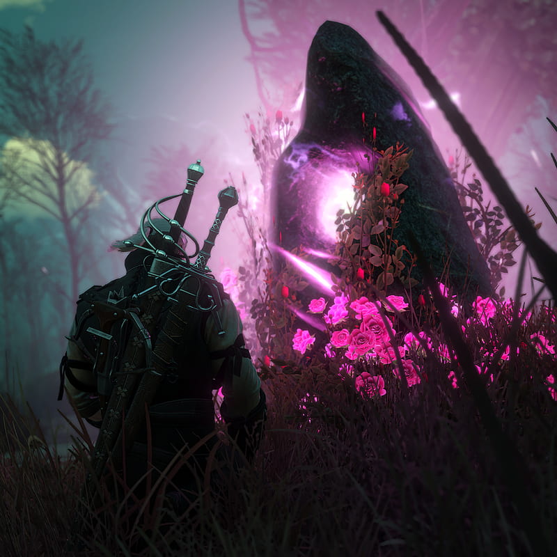 Geralt of Rivia, The Witcher 3: Wild Hunt, The Witcher 3: Wild Hunt - Blood and Wine, pink flowers, video games, video game art, pink light, video game characters, The White Wolf, HD phone wallpaper