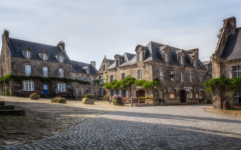 Locronan, old houses, morning, gray stone houses, France, HD wallpaper