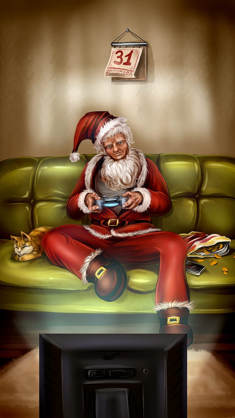 Santa claus, playing, game, cat, room, tv, drawings, HD phone wallpaper