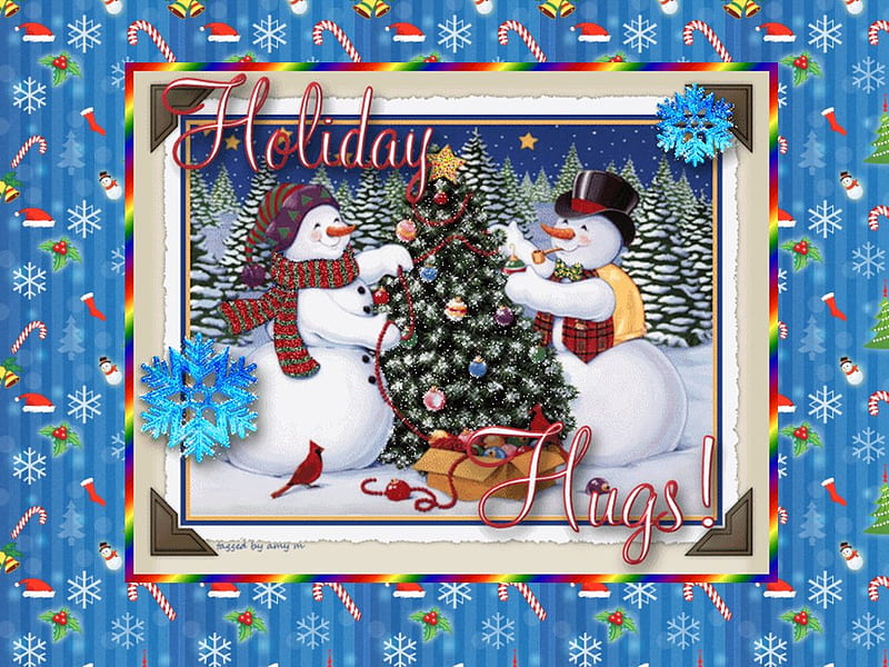 Holiday snowmen, tree, christmas, holiday, snow, snowman, couple, HD wallpaper