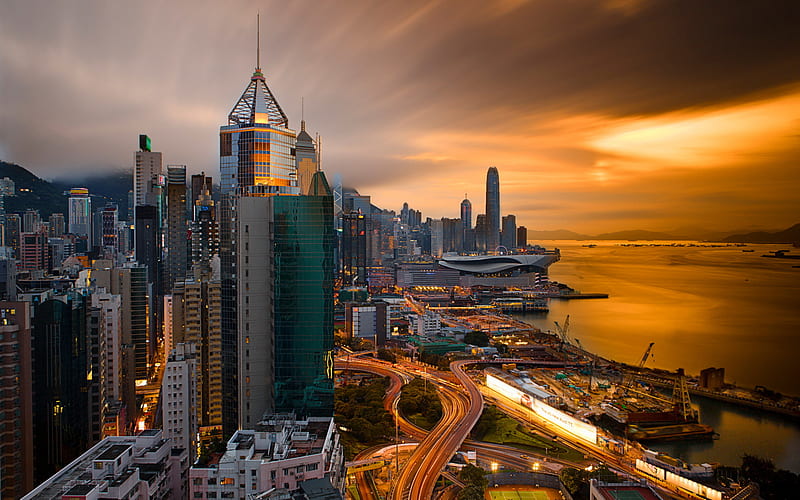 Hong Kong, modern buildings, cityscapes, sunset, Asia, China, HD wallpaper