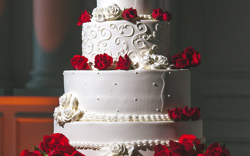 wedding cake, red roses, big cake, sweets wedding concepts, HD wallpaper