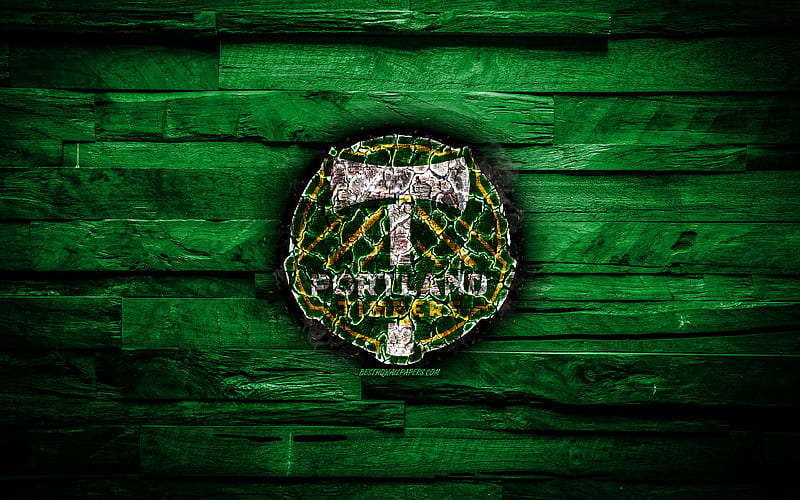Portland Timbers FC scorched logo, MLS, green wooden background, american football club, Western Conference, grunge, soccer, Portland Timbers logo, fire texture, USA, HD wallpaper