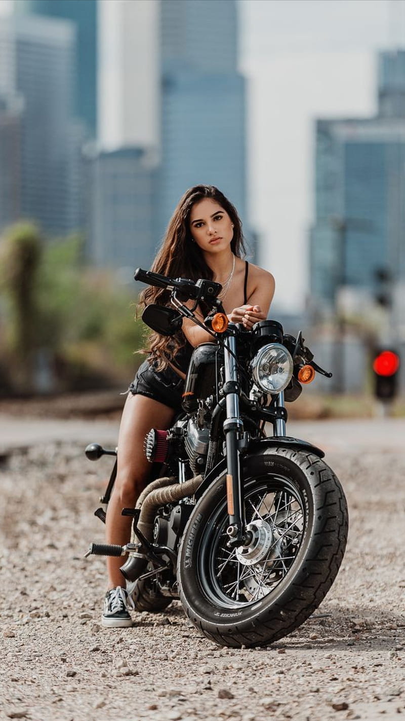 A biker, bike, brown hair, cute, girl, motorcycle, pretty, riding, HD phone wallpaper