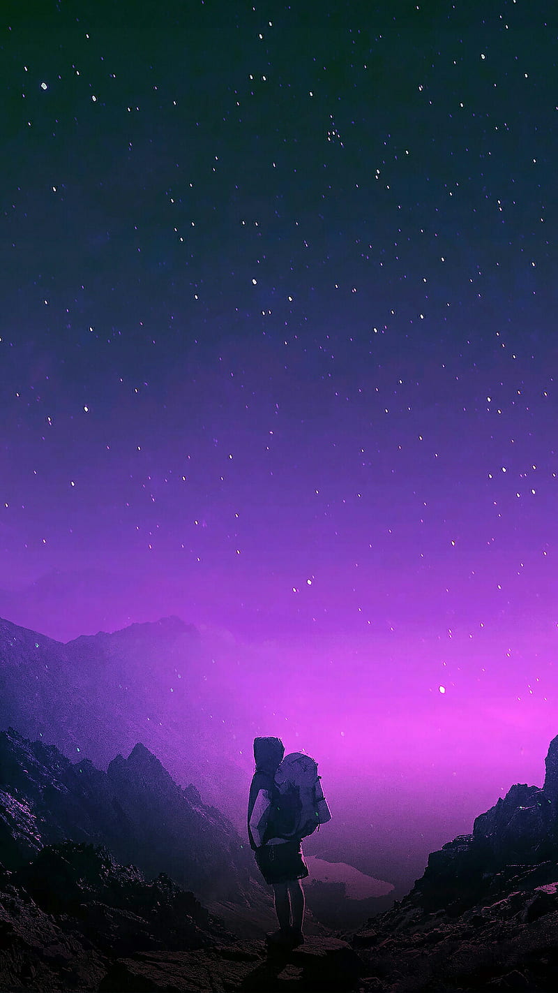 In the night, stars, land, mountain, ocean, view, HD phone wallpaper
