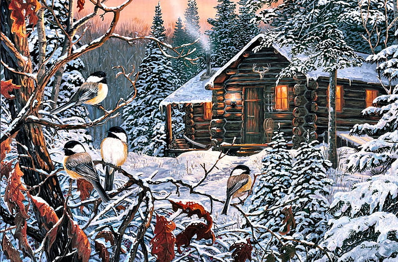 Woodland Chickadees F2, art, songbirds, birds, illustration, artwork, winter, chickadees, snow, avian, painting, wide screen, scenery, landscape, HD wallpaper