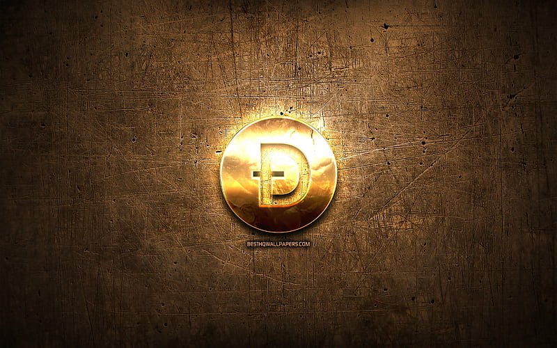 Dogecoin golden logo, cryptocurrency, brown metal background, creative, Dogecoin logo, cryptocurrency signs, Dogecoin, HD wallpaper