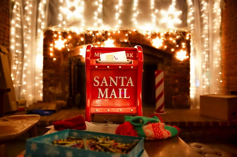 Santa's Mailbox, holidays, box, santa claus, xmas, christmas lights, lights, fireplace, graphy, SkyPhoenixX1, season, mailbox, letter, mail, christmas, letterbox, abstract, winter, silent night, santa, wishlist, north pole, HD wallpaper