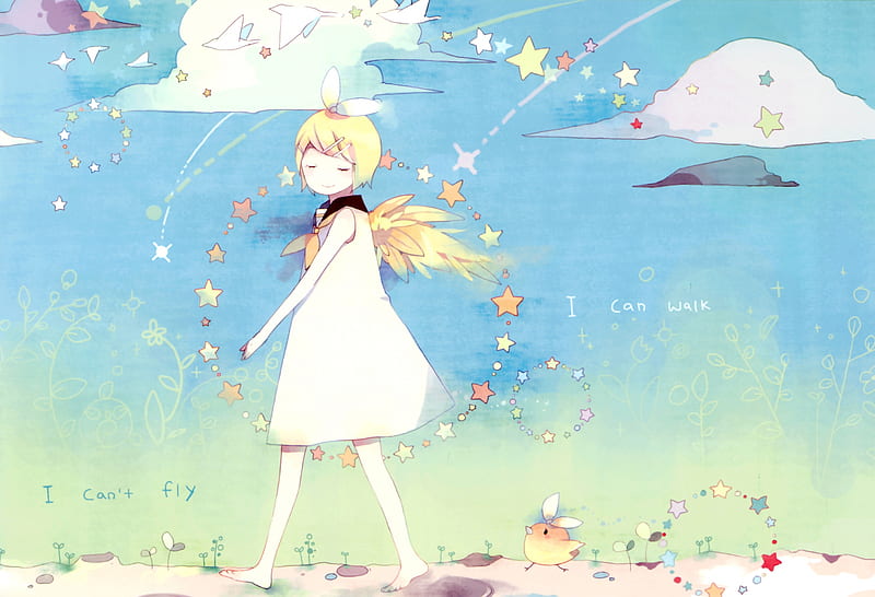 I Can't Fly, vocaloid, stars, kagamine rin, bird, clouds, sky, HD wallpaper