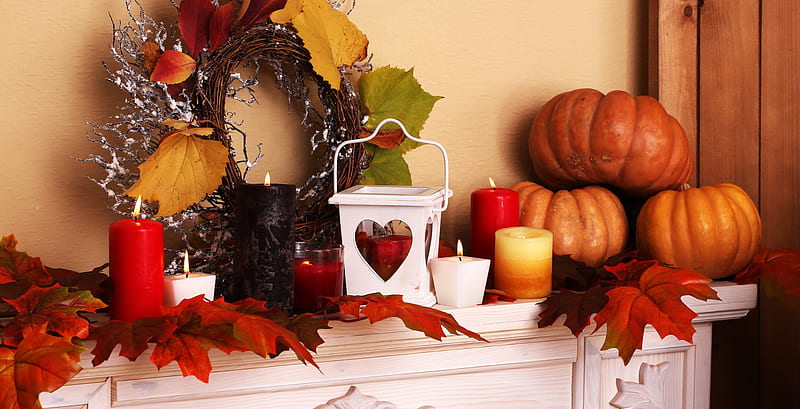 Autumn Decor, Fall, wreath, lantern, gourds, candles, leaves, flames, decorations, heart, Autumn, pumpkins, HD wallpaper