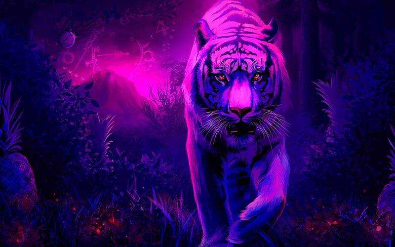 Bengal tiger, fantastic forest, white tiger, predators, art, HD wallpaper
