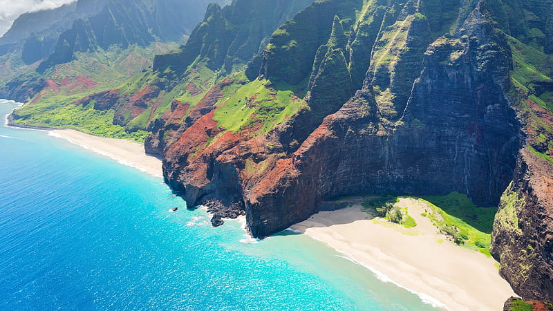 Hawaii Coast, sea, rocks, grass, Hawaii, ocean, beach, sand, mountains, beauty, moss, sunshine, island, nature, coast, HD wallpaper
