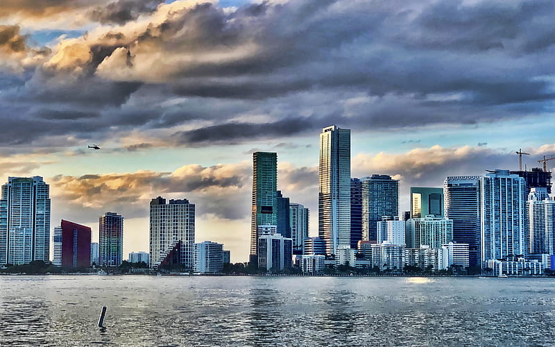 Miami, Atlantic ocean, sunset, evening, skyscrapers, modern buildings, Miami cityscape, Miami Skyline, Florida, USA, HD wallpaper