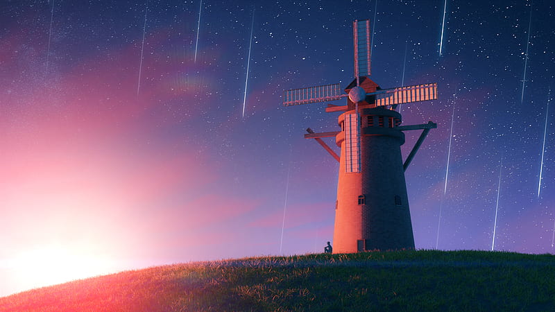 Falling Stars Sky Above Man Made Windmill Travel, HD wallpaper