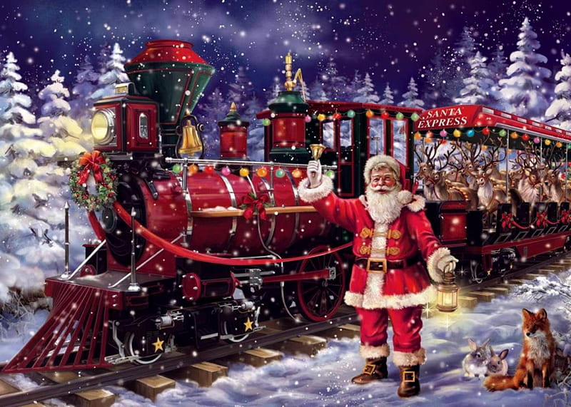 Santa Express Train And Santa, Christmas, Train, Snow, Santa, HD wallpaper