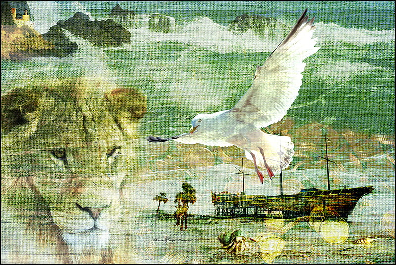 Shipwreck, ship, nature, collage, animals, HD wallpaper