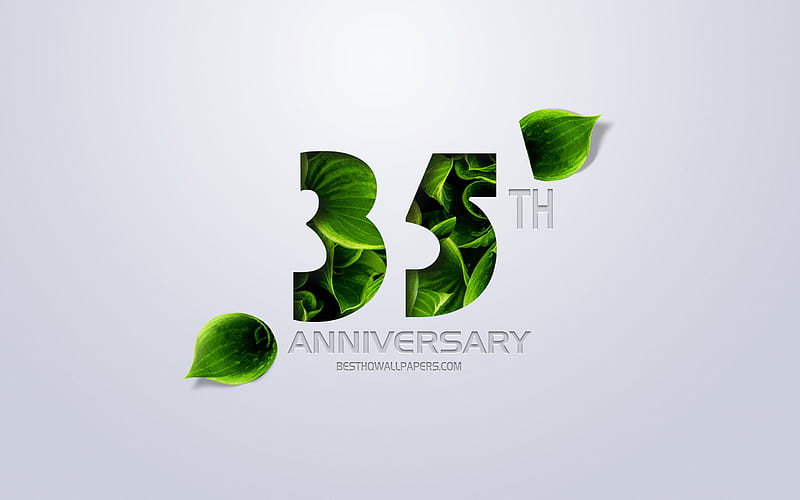 35th Anniversary sign, creative art, 35 Anniversary, green leaves, greeting card, 35 Years symbol, eco concepts, 35th Anniversary, HD wallpaper