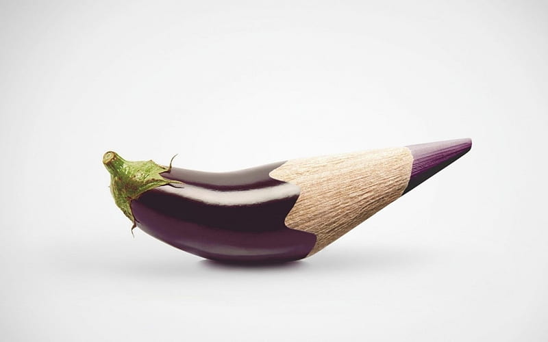 Funny vegetable, creative, vegetable, card, fantasy, purple, pencil, eggplant, funny, white, HD wallpaper