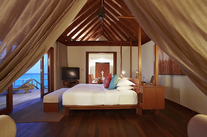 Maldives, romantic, ocean, curtain, bedroom, villa, tv, bed, chair, desk, deck, HD wallpaper
