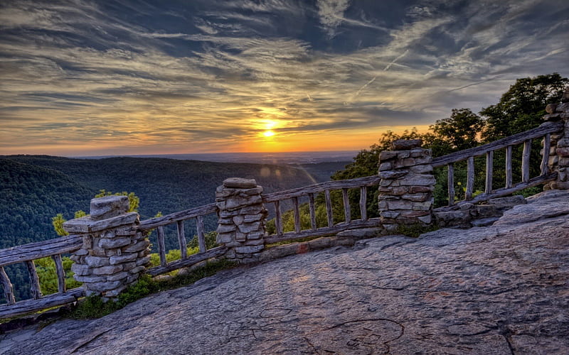 Coopers Rock State Forest, West Virginia, fence, sun, path, r, clouds, sky, HD wallpaper