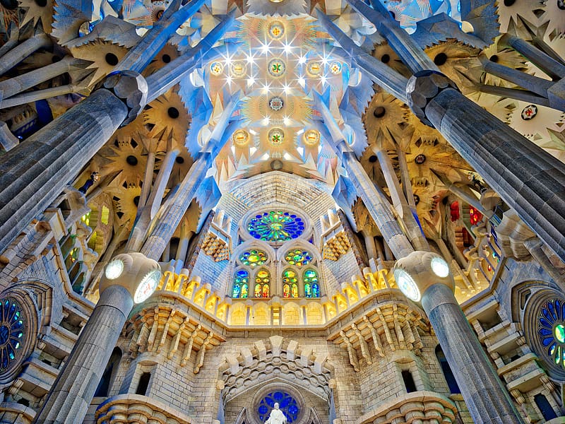 Barcelona, Spain, Cathedral, Stained Glass, Columns, Religious, Sagrada Família, Basilicas, HD wallpaper