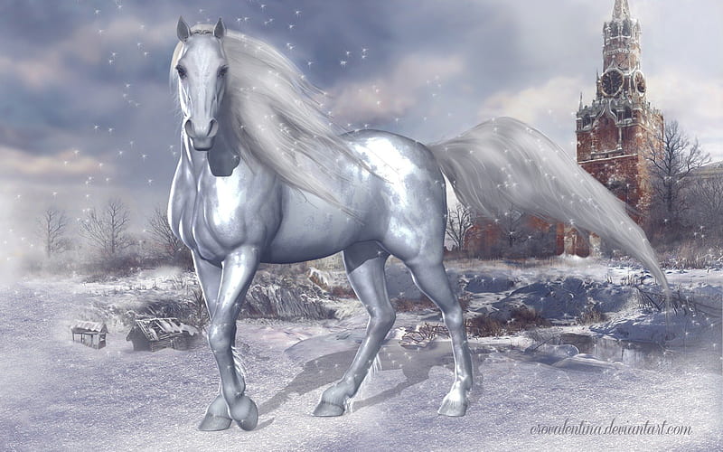 Winter Wonderland, snow, ice, horse, castle, cold, HD wallpaper