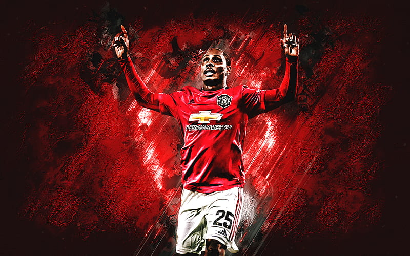 Odion Ighalo, Manchester United FC, Nigerian soccer player, portrait, red stone background, football, Premier League, England, HD wallpaper