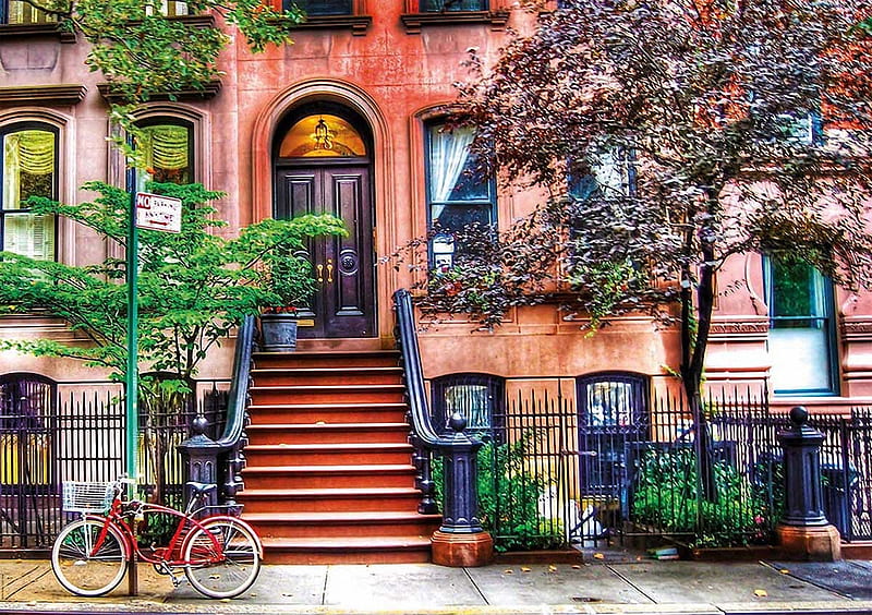 Greenwich Village, New York, art, fence, house, tree, digital, stairs, bicycle, HD wallpaper