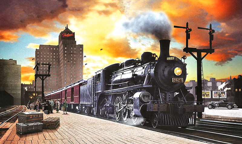 Canadian Pacific Train F, railroad, art, locomotive, pacific, bonito, illustration, artwork, train, engine, painting, wide screen, Canadian, tracks, HD wallpaper